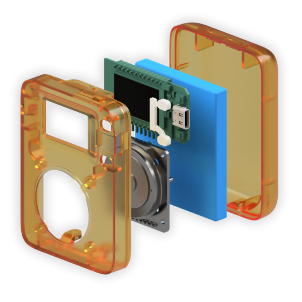 Exploded 3D render of the homeThing remote showing the enclosure, display, battery, and scroll wheel