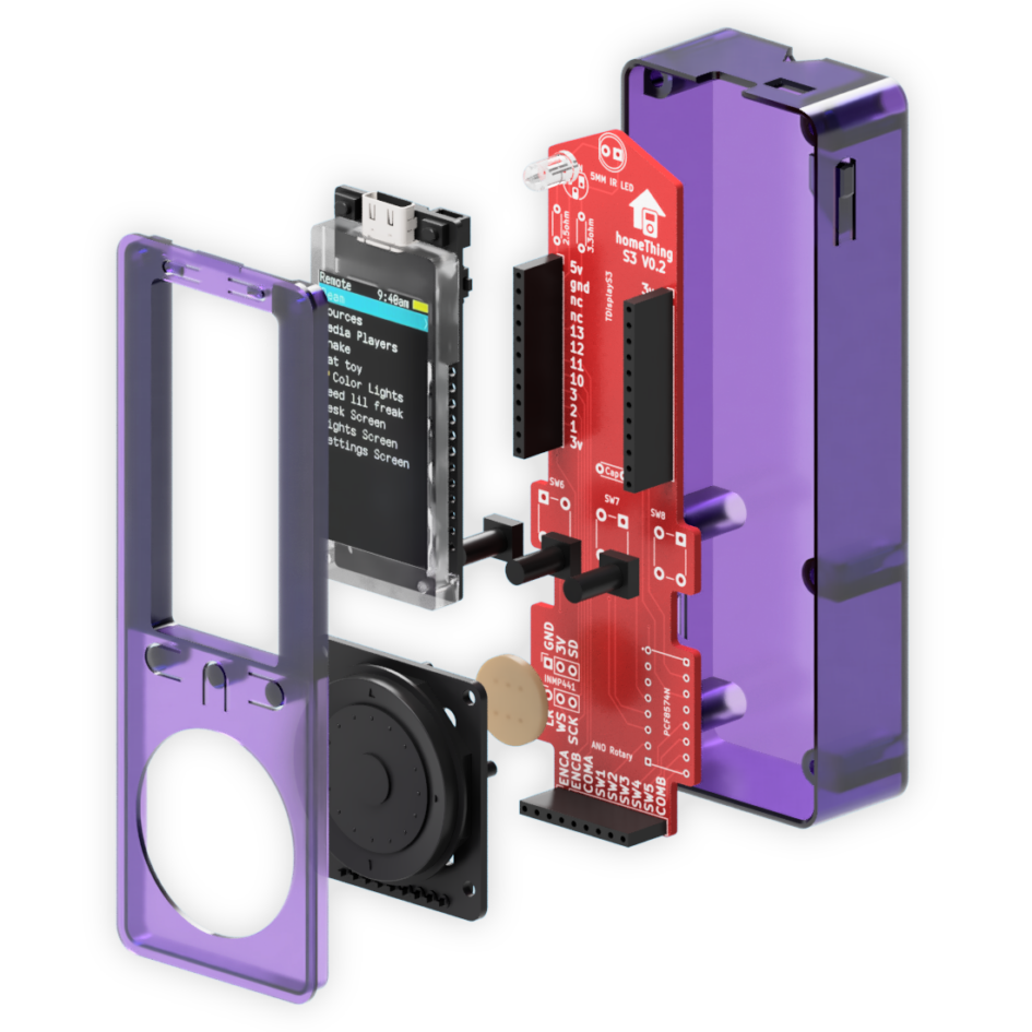 Exploded 3D render of the homeThing S3 showing the enclosure, display, custom PCB, and rotary encoder