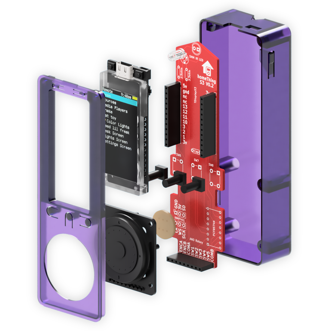 Exploded 3D render of the homeThing S3 showing the enclosure, display, custom PCB, and rotary encoder